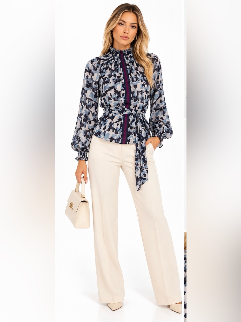 Rungolee 100% Silk Crepe Smocked Neck Blouse Size S Abstract Print